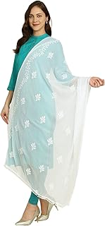 Women's White Embroidered Chiffon Dupatta With Pom Pom Lace, Free Size