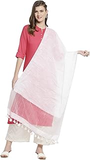Women's White Linen Dupatta With Organza Border And Tassels, Free Size