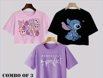 Trendy & Funky Combo of 3 Crop T-Shirts | Fashionable Self Love, Cartoon Print & Positive Vibes Tees
