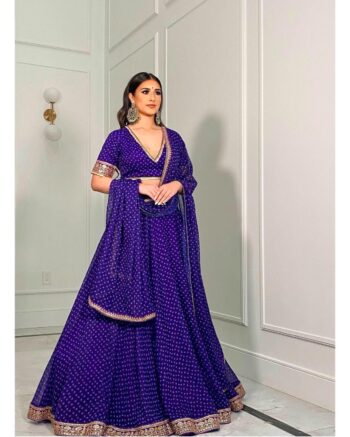 eorgette print lehenga with zari thread border work + canvas patta attach