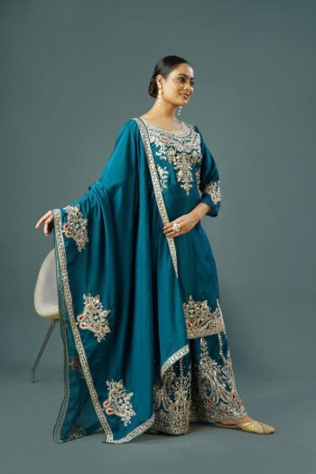 resenting New Designer Collection In Pure Chinnon With Heavy Embroidery Coding Dori-Sequence Work Top-Bottom And Dupatta Set Fully Stitched Ready To Wear