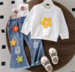 Girls White and Blue Floral Sweatshirt and Jean's Set