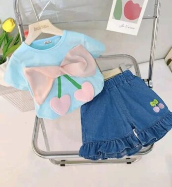 Girls Self Design Bow Top with Denim Shorts