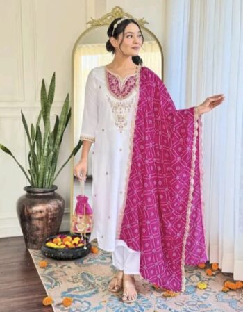 Women's Viscose Embroidered Straight Kurta with Pant and Silk Blend Embroidered Laced Dupatta Set